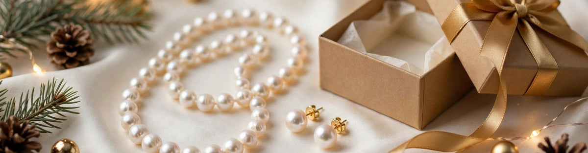 Freshwater pearl necklace and pearl stud earrings beside an open Christmas gift box with a gold ribbon, pine sprigs and gold baubles on ivory silk