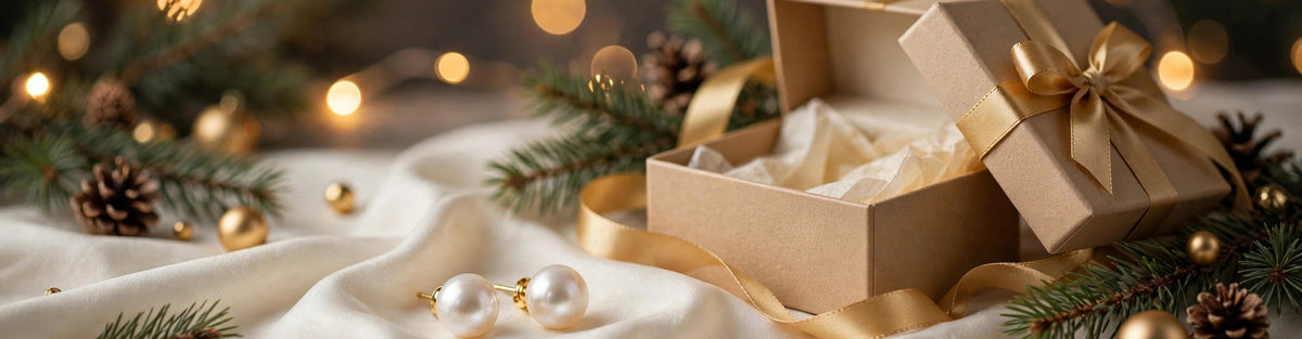 Freshwater pearl stud earrings on ivory silk beside a Christmas gift box tied with a gold ribbon, pine sprigs and fairy lights