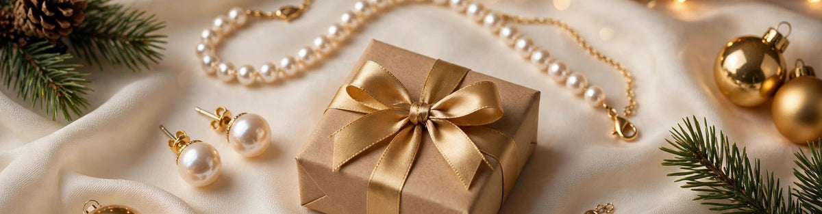Pearl stud earrings, a pearl necklace and a gift box tied with a gold ribbon on ivory silk with Christmas greenery and gold baubles