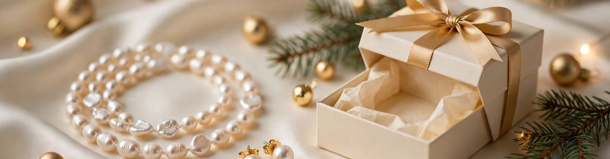 Freshwater pearl necklace and pearl stud earrings beside an open Christmas gift box with a gold ribbon on ivory silk with pine sprigs and gold baubles