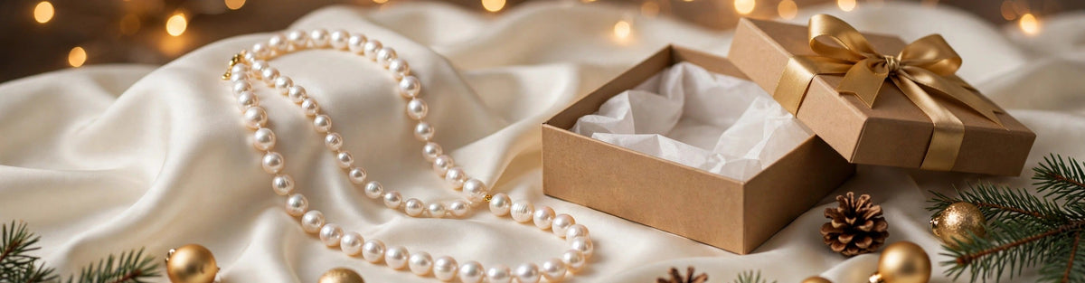 Freshwater pearl necklace beside an open Christmas gift box with a gold ribbon, pine sprigs and gold baubles on ivory silk