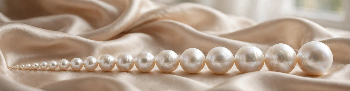 Graduated freshwater pearls from 6mm to 12mm arranged by size on champagne silk