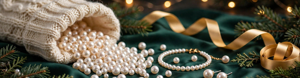 Pearl stud earrings, a pearl bracelet and loose pearls spilling from a knitted Christmas stocking on emerald silk with Christmas greenery