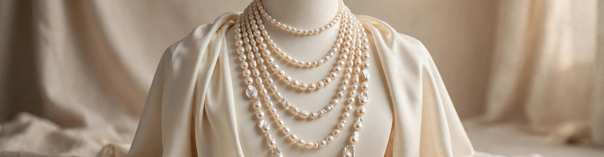 Layered freshwater pearl necklaces of different lengths on an ivory silk-draped mannequin bust