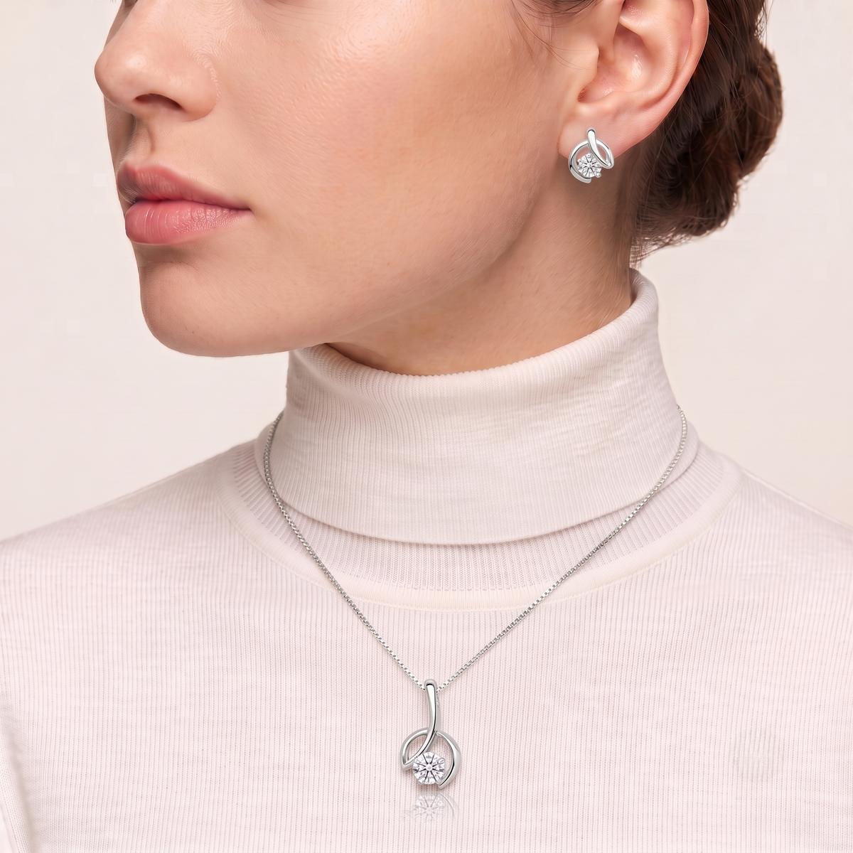 Model wearing sterling silver petal necklace and earrings with zircon stones — Golden Rose Arts