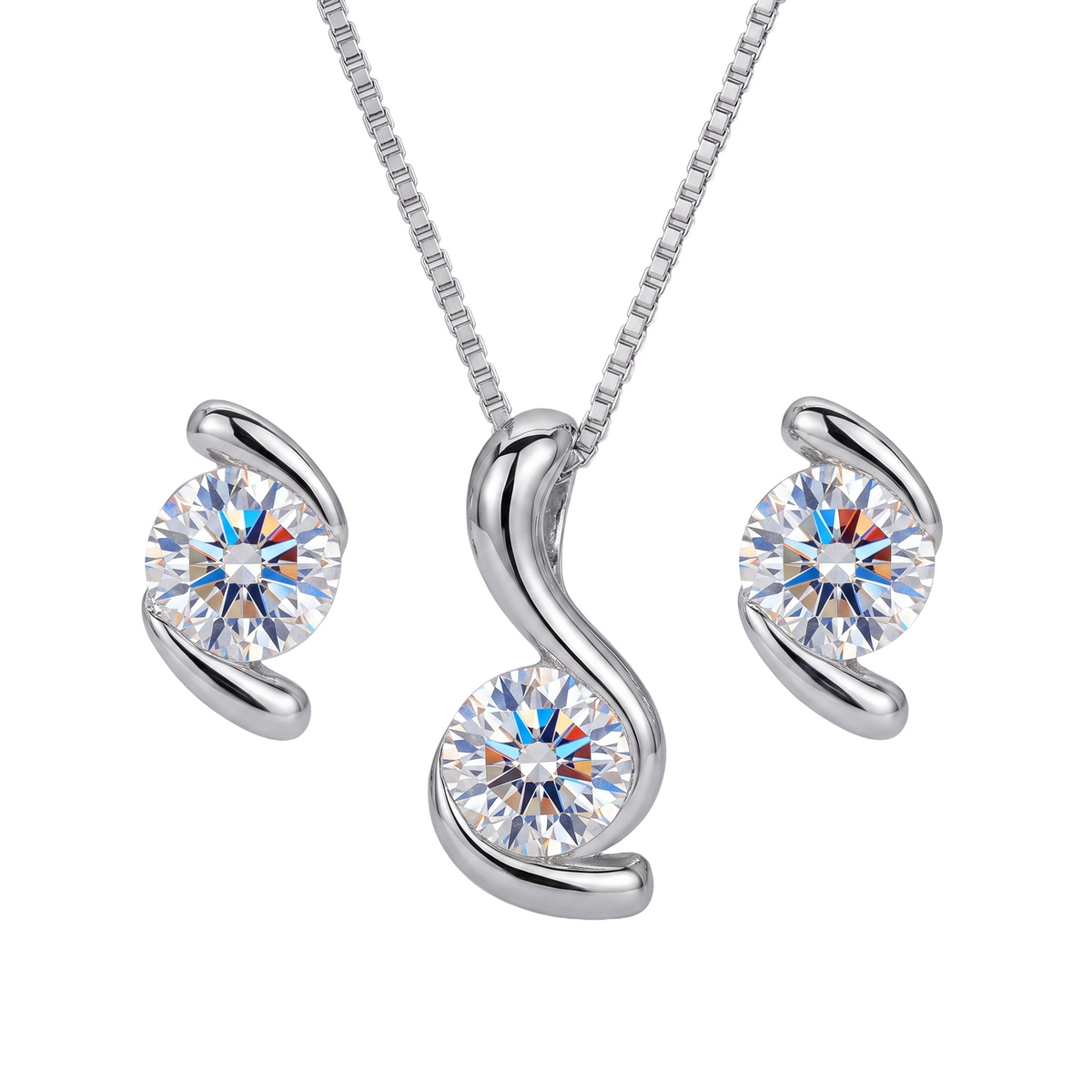 Close-up of sterling silver swirl necklace and earrings with sparkling zircon stones — Golden Rose Arts