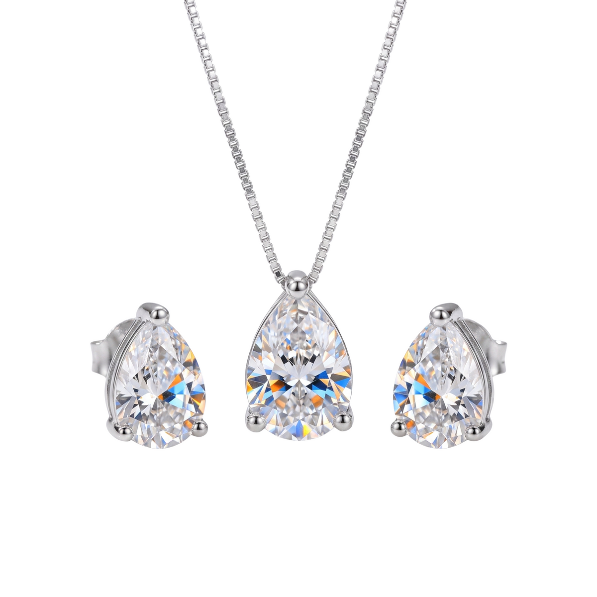Close-up of sterling silver teardrop pendant and earrings with sparkling zircon stones — Golden Rose Arts