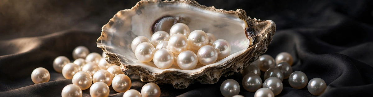 Open oyster shell holding lustrous white freshwater pearls on dark silk