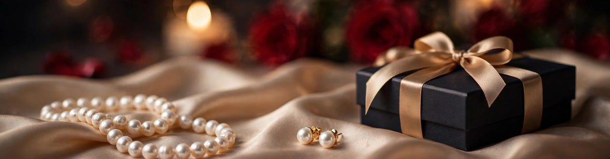 Pearl necklace and pearl stud earrings beside a ribbon-tied gift box with candlelight and roses, an anniversary gift scene