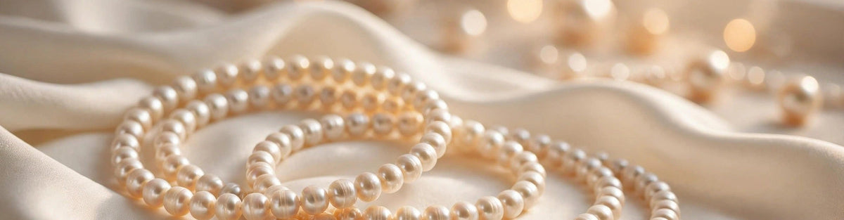 Freshwater pearl bracelet coiled on ivory silk fabric in soft warm light