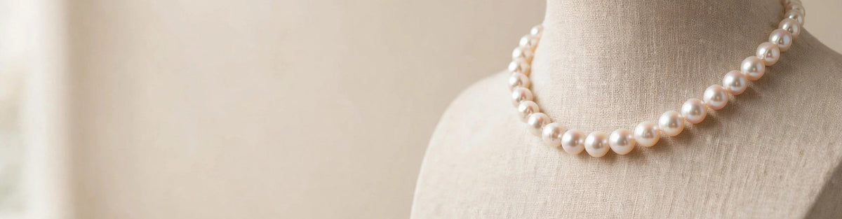 Freshwater pearl choker necklace displayed on an elegant jewellery bust in soft window light