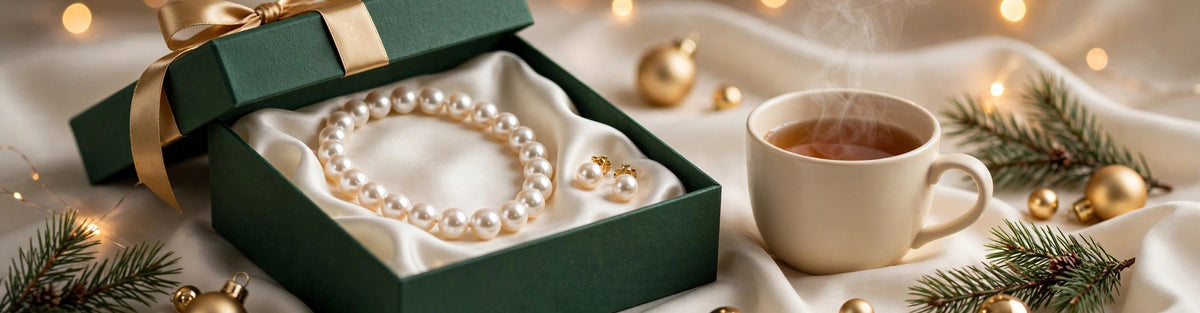 Pearl necklace and pearl stud earrings in an open green Christmas gift box with a gold ribbon beside a cup of tea, pine sprigs and gold baubles on ivory silk