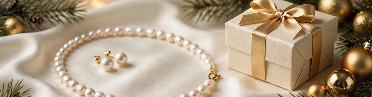 Freshwater pearl necklace and pearl stud earrings beside a Christmas gift box with a gold ribbon on ivory silk with pine sprigs and gold baubles