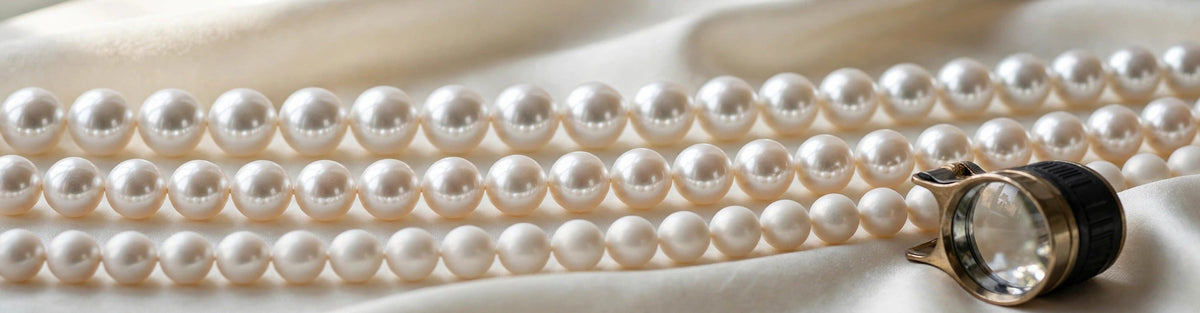 Three strands of freshwater pearls in different lustre grades with a jeweller's loupe on ivory silk