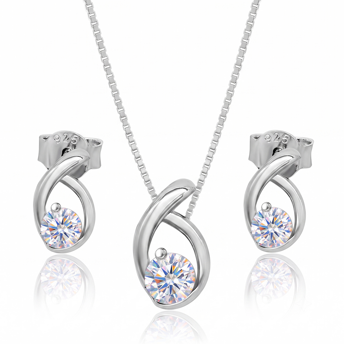Close-up of sterling silver cradle necklace and earrings with sparkling zircon stones — Golden Rose Arts