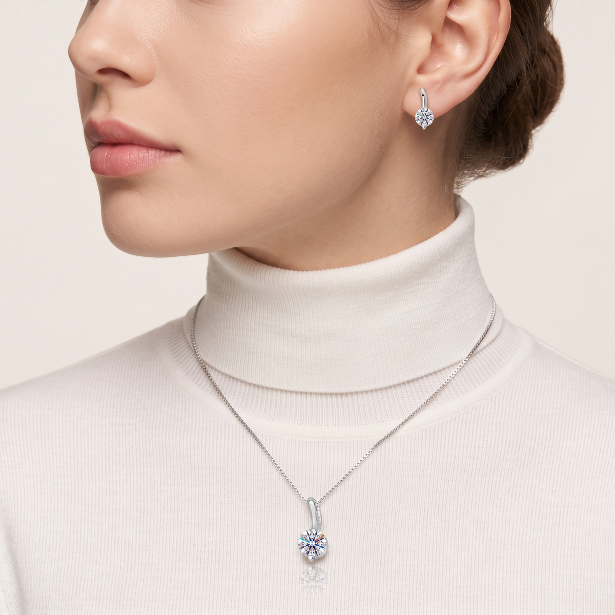 Model wearing sterling silver twist necklace and earrings with zircon stones — Golden Rose Arts