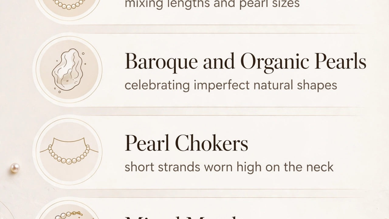 Infographic of the five pearl jewellery trends for 2026: layered necklaces, baroque pearls, chokers, mixed metals, statement earrings