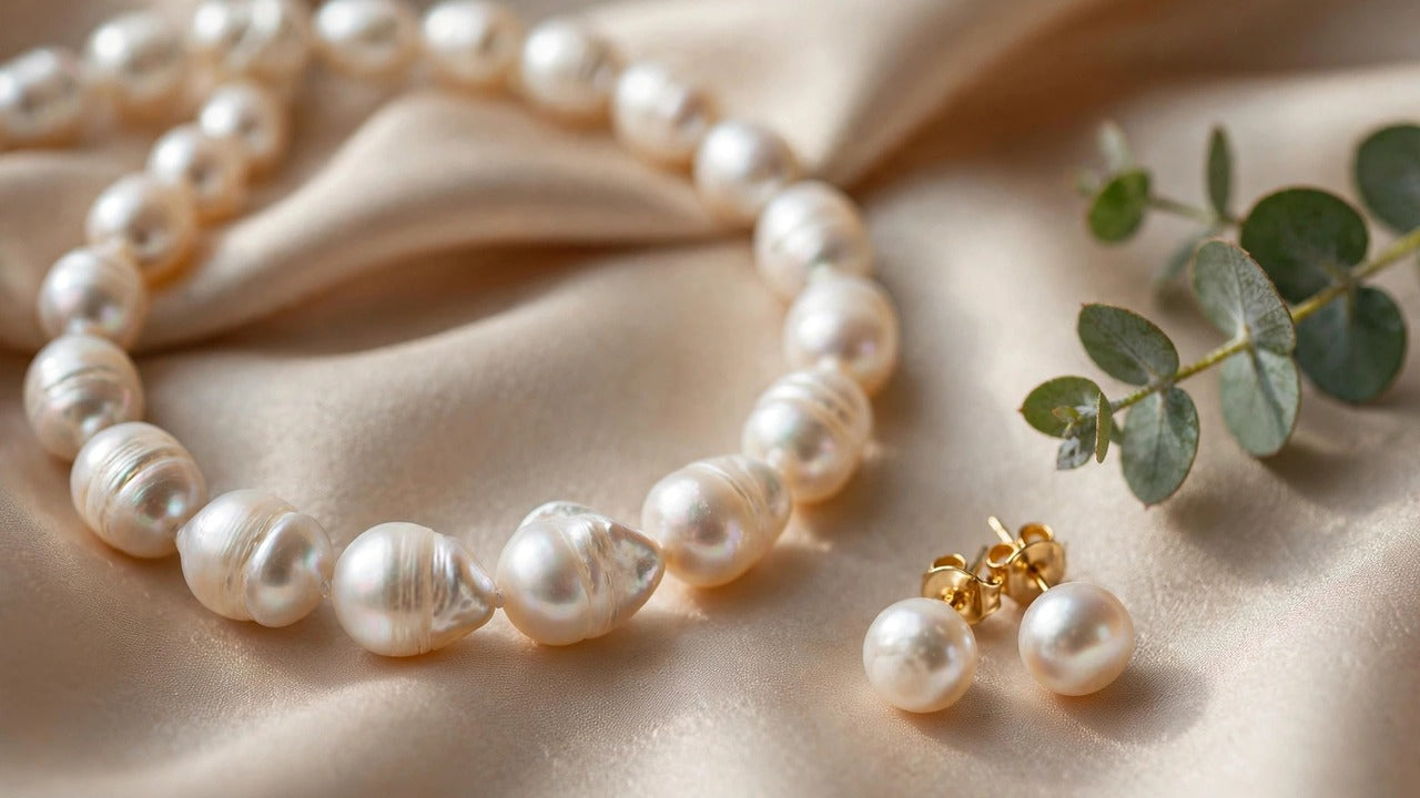 Freshwater pearl necklace and pearl stud earrings arranged on champagne silk with eucalyptus