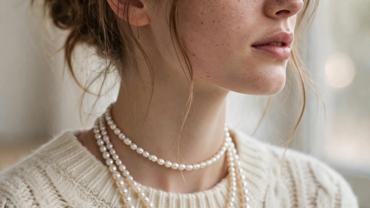 Woman in a cream knit sweater wearing two layered freshwater pearl necklaces