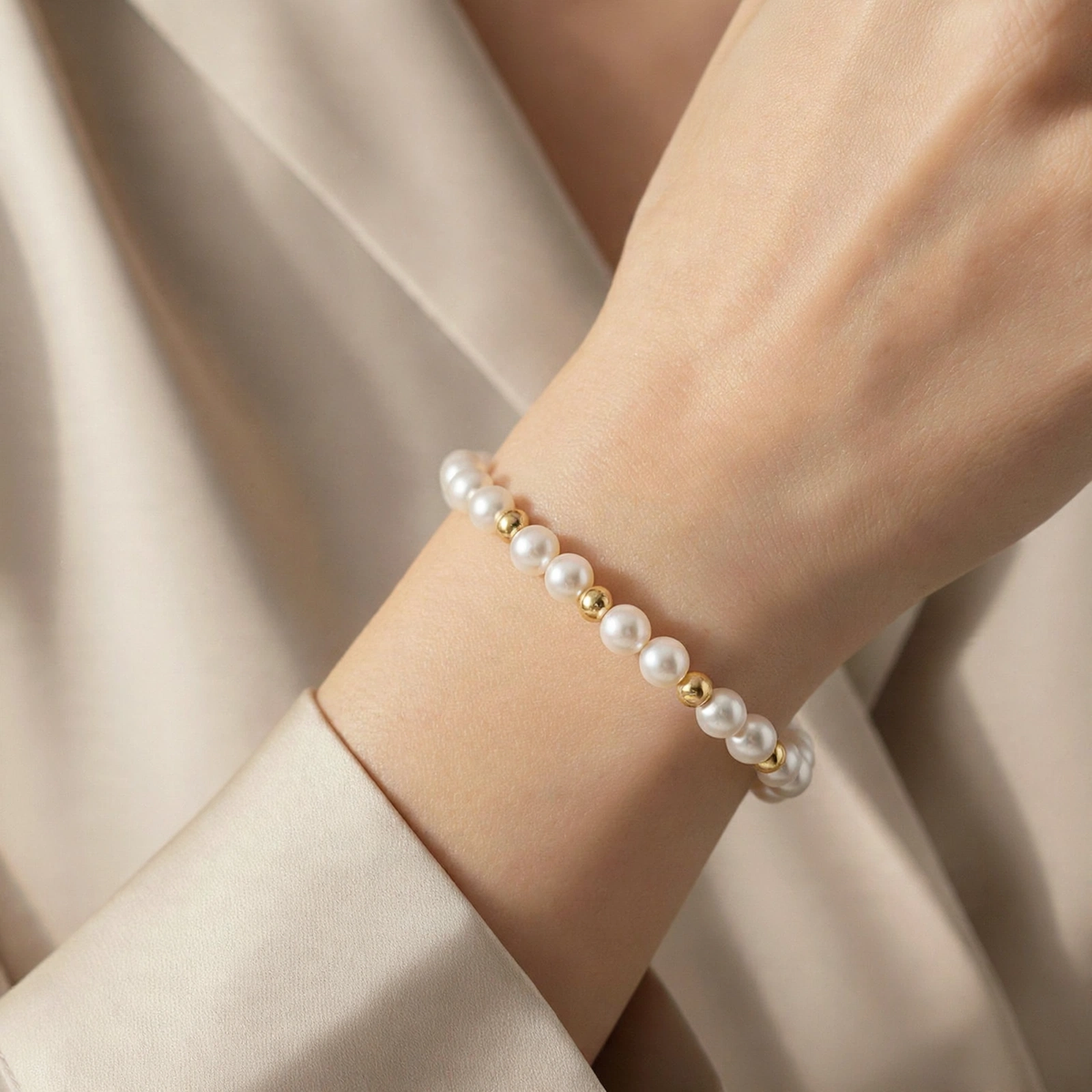 Luminous freshwater pearl bracelet with 14K gold nuggets worn on wrist — Golden Rose Arts